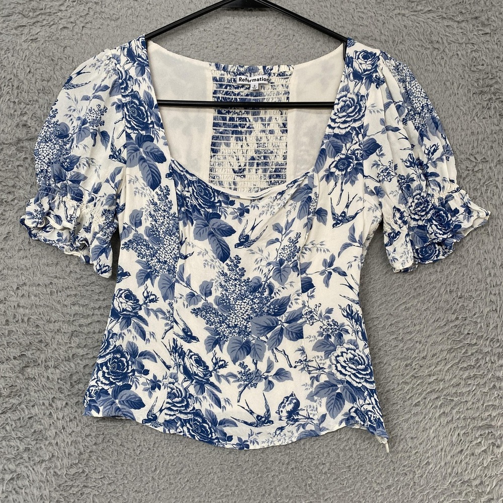Reformation Constance Floral Top Womens 2 Blue Sweetheart Summer Puff Sleeve - Picture 2 of 15